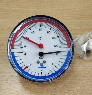 Термоманометр аксиальный, с клапаном, 20-120 градусов, 0-4 bar, d 80 mm, 1/4